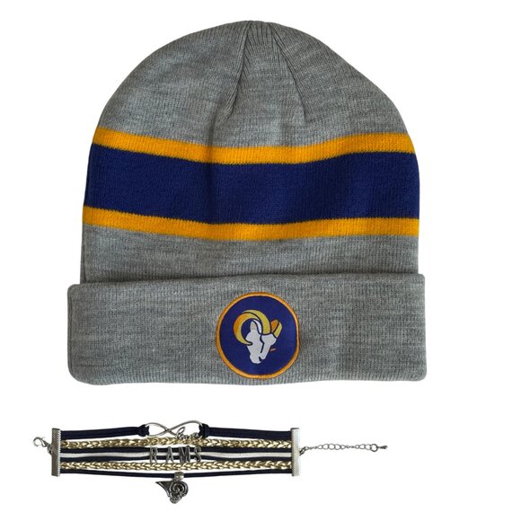 NFL Los Angeles Rams Fanatics Beanie Hat Heather Gray & Stacked Bracelet Apparel - Picture 1 of 16